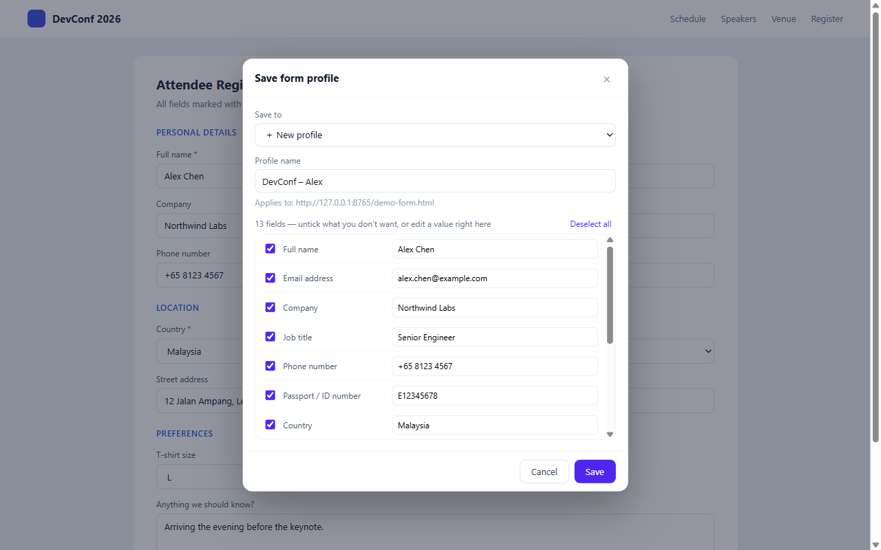 Saving a form as a profile